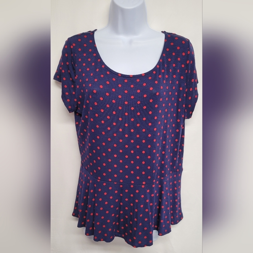 Elle L Polka Dot Top Stretch Cap Sleeve Excellent Condition
